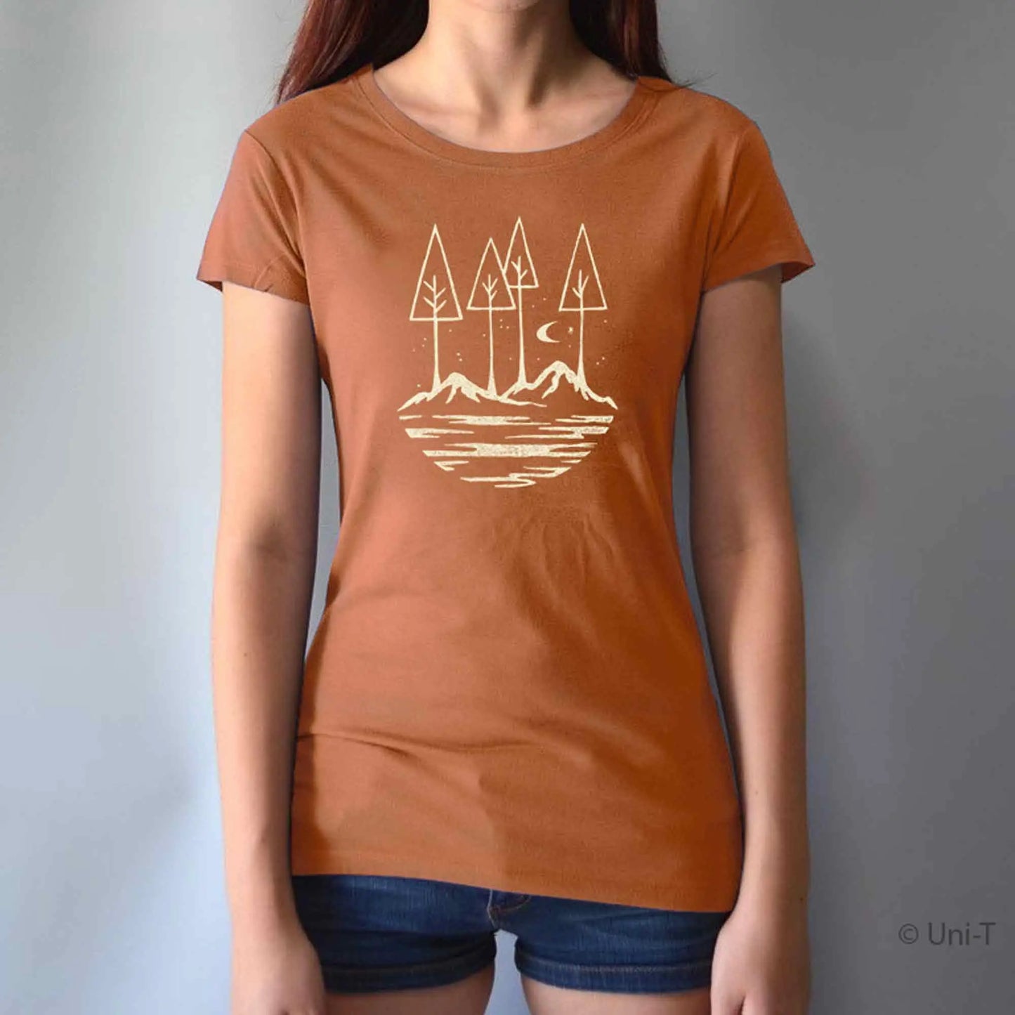 Rust orange women's t-shirt with inspirational forest and mountain artwork. Eco-friendly bamboo and organic cotton blend by Uni-T.