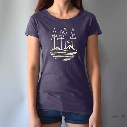 Purple women's bamboo and organic cotton tee with scenic mountain and tree design. Positive vibe graphic for eco-conscious adventurers.
