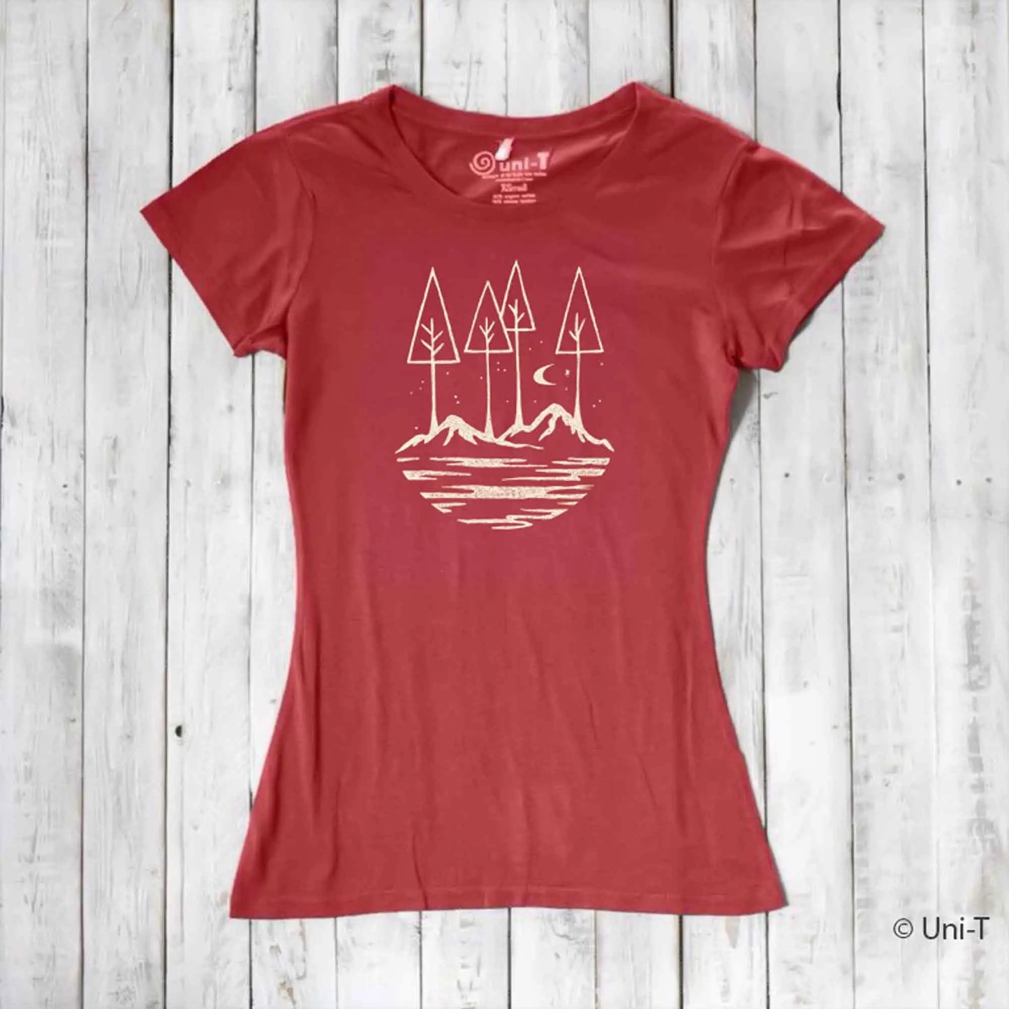 Coral red women's nature lover t-shirt with forest and moon design. Crafted from sustainable bamboo and organic cotton fabric.