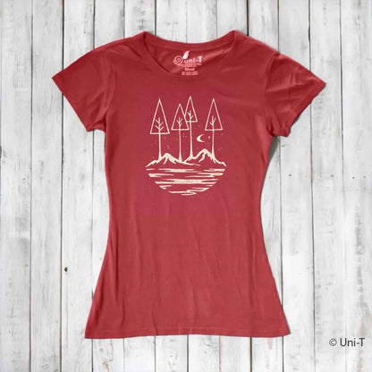 Coral red women's nature lover t-shirt with forest and moon design. Crafted from sustainable bamboo and organic cotton fabric.