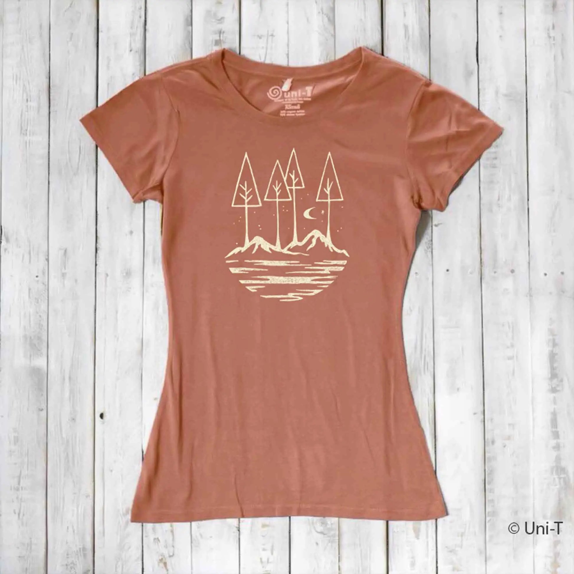 Terracotta women's graphic tee with minimalist outdoor scene. Eco-friendly bamboo and organic cotton blend for nature-loving women.