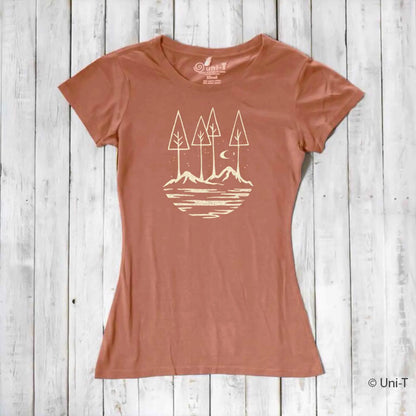 Terracotta women's graphic tee with minimalist outdoor scene. Eco-friendly bamboo and organic cotton blend for nature-loving women.