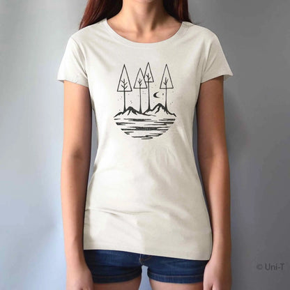 Cream-colored women's t-shirt with black forest and mountain print. Made from bamboo and organic cotton for sustainable outdoor style.