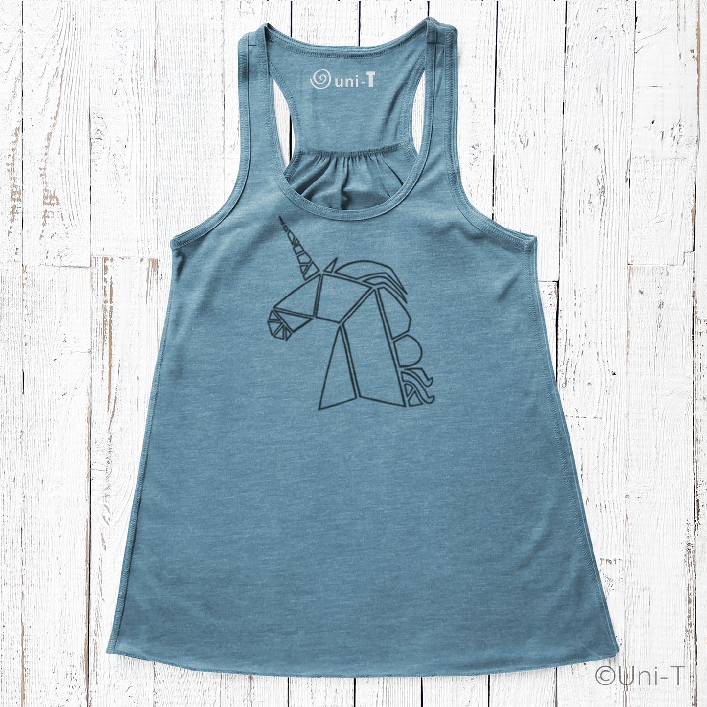 Blue unicorn flowy tank top for women featuring a minimalist geometric unicorn design. Soft racerback cut ideal for magical casual wear.