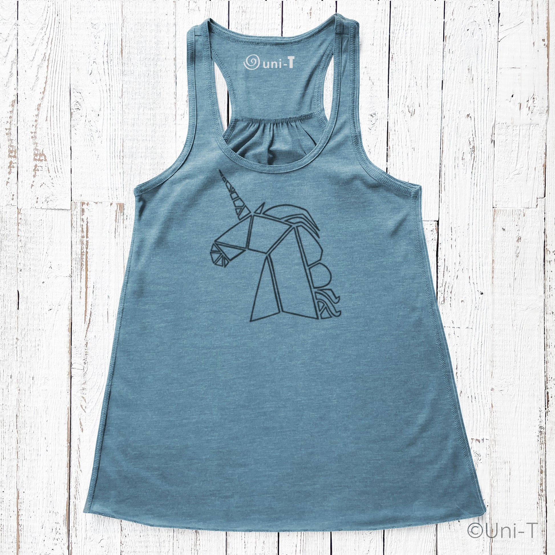 Blue unicorn flowy tank top for women featuring a minimalist geometric unicorn design. Soft racerback cut ideal for magical casual wear.
