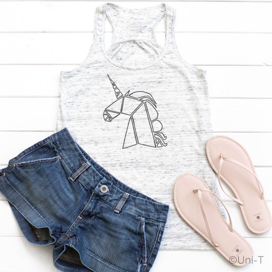 White unicorn flowy tank top for women styled with denim shorts and sandals. Lightweight racerback top with mystical unicorn line art.