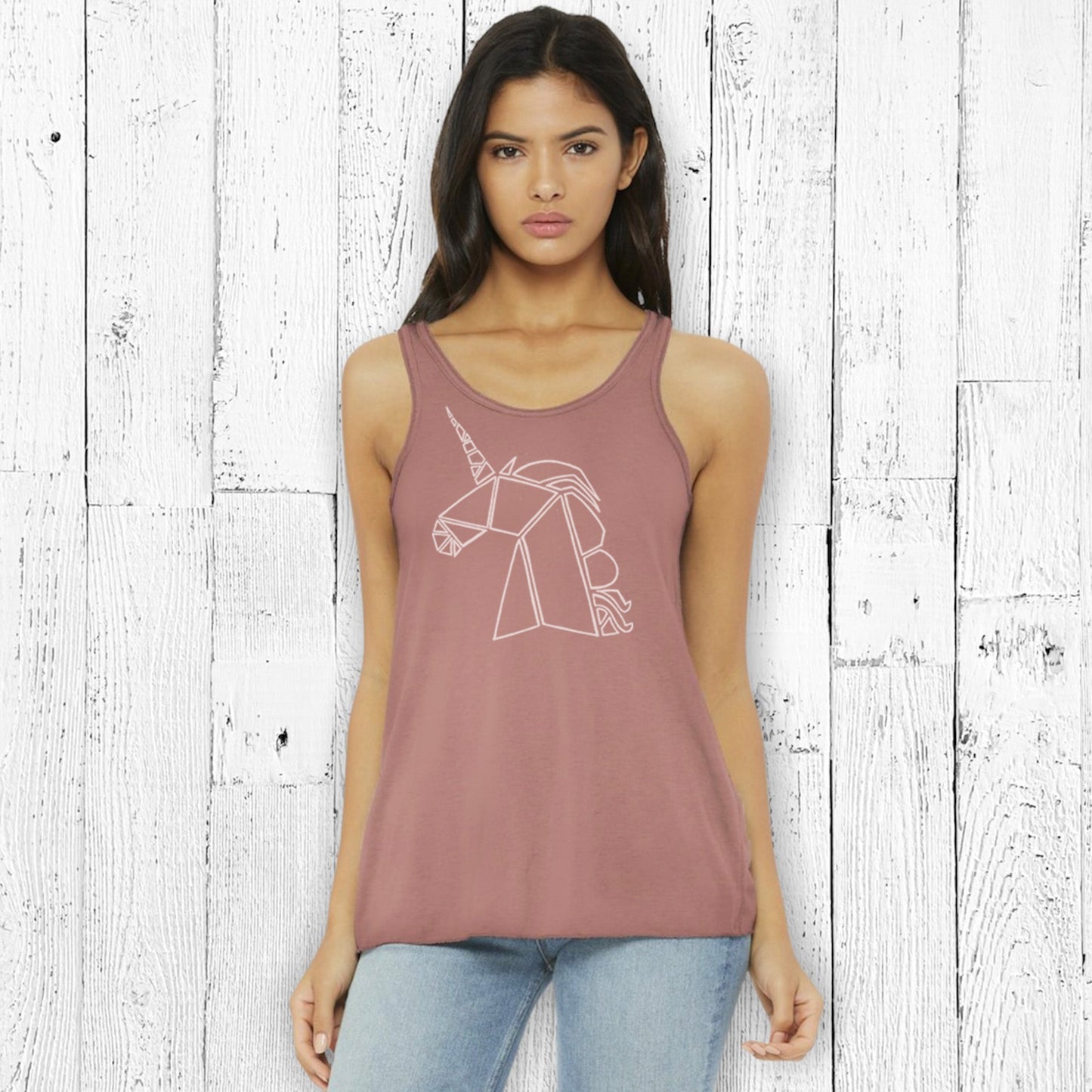Dusty rose unicorn flowy tank top for women with a sleek unicorn outline. Comfortable poly-viscose blend perfect for fantasy-inspired outfits.