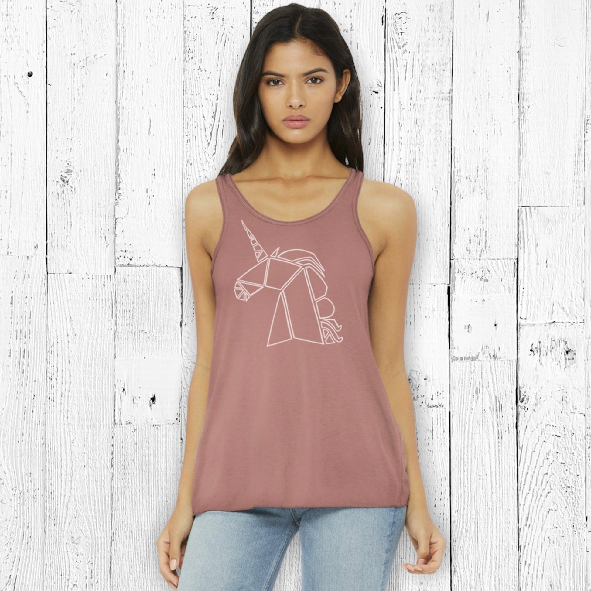 Dusty rose unicorn flowy tank top for women with a sleek unicorn outline. Comfortable poly-viscose blend perfect for fantasy-inspired outfits.