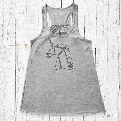 Heather gray unicorn flowy tank top for women with a bold unicorn graphic. Racerback style offers breathable comfort and whimsical flair.