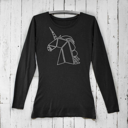 Black unicorn long sleeve t-shirt for women made from bamboo and organic cotton. Features geometric mythical creature design for fantasy lovers.