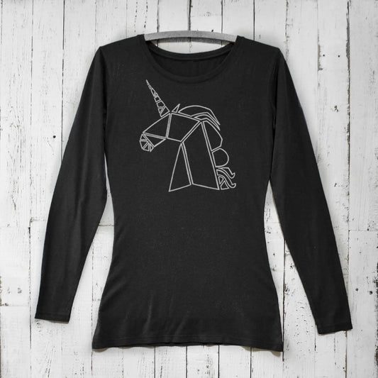 Black unicorn long sleeve t-shirt for women made from bamboo and organic cotton. Features geometric mythical creature design for fantasy lovers.