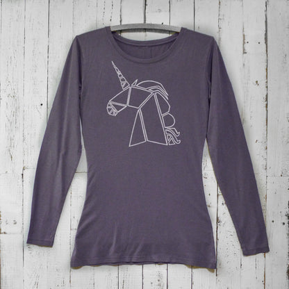 Dark purple unicorn long sleeve t-shirt for women in bamboo organic cotton. Stylish fantasy apparel with geometric unicorn graphic.