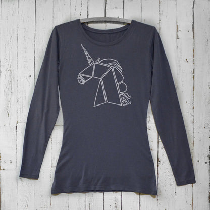 Navy unicorn long sleeve t-shirt for women crafted from bamboo and organic cotton. Magical geometric unicorn print for fantasy fashion fans.