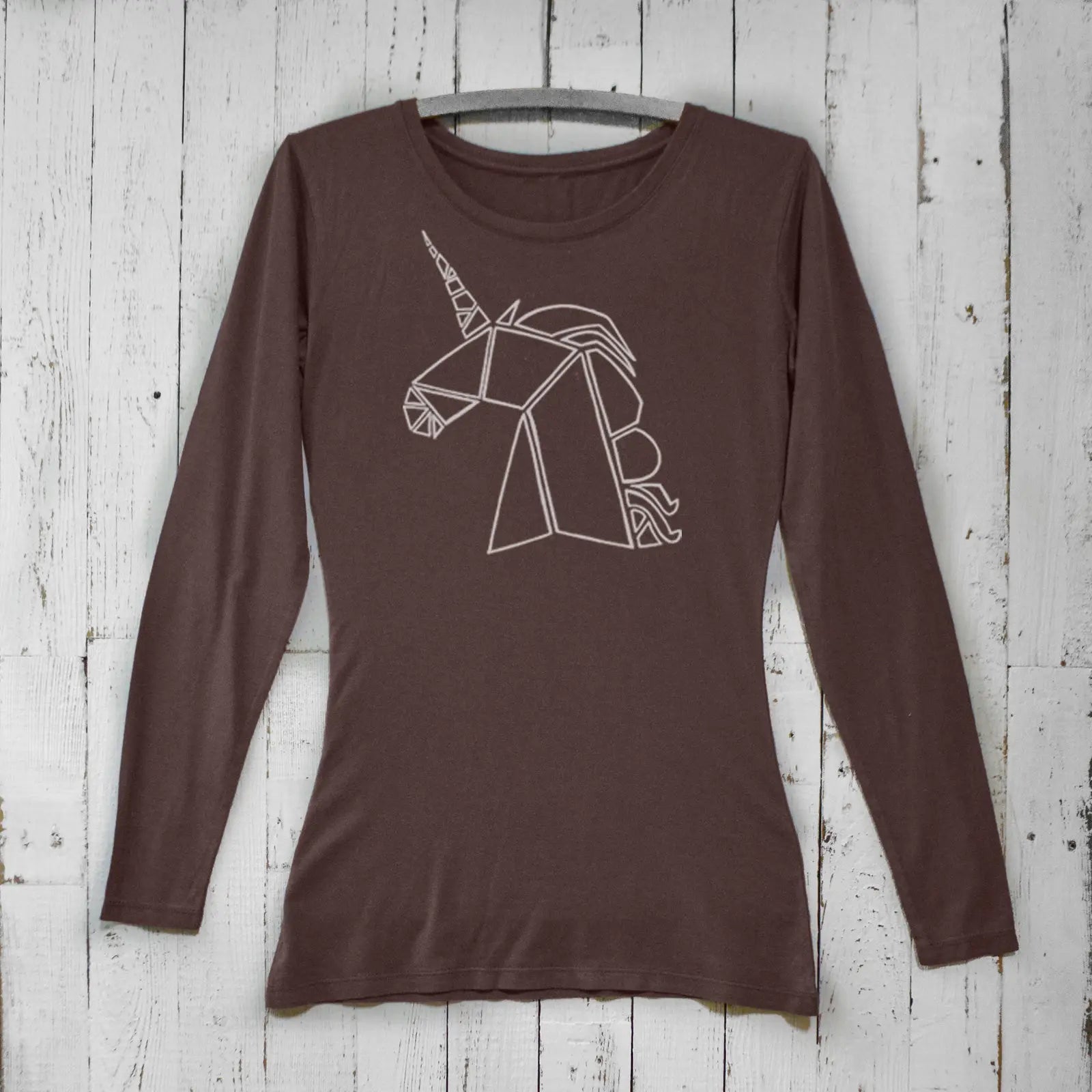 Dark brown unicorn long sleeve t-shirt for women in eco-friendly bamboo cotton blend. Features a modern geometric unicorn design.