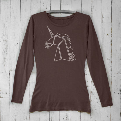 Dark brown unicorn long sleeve t-shirt for women in eco-friendly bamboo cotton blend. Features a modern geometric unicorn design.