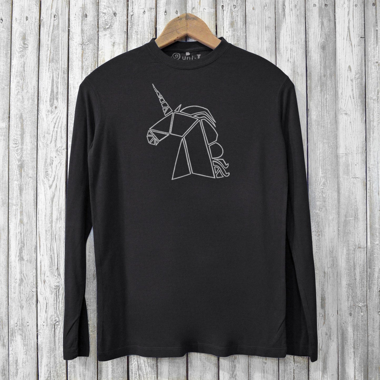 Unicorn Long Sleeve Tee - Men's in black, made from bamboo and organic cotton with a minimalist unicorn graphic. Eco-friendly and stylish design.