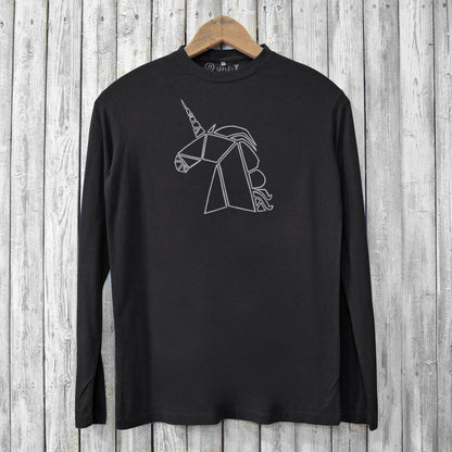Unicorn Long Sleeve Tee - Men's in black, made from bamboo and organic cotton with a minimalist unicorn graphic. Eco-friendly and stylish design.