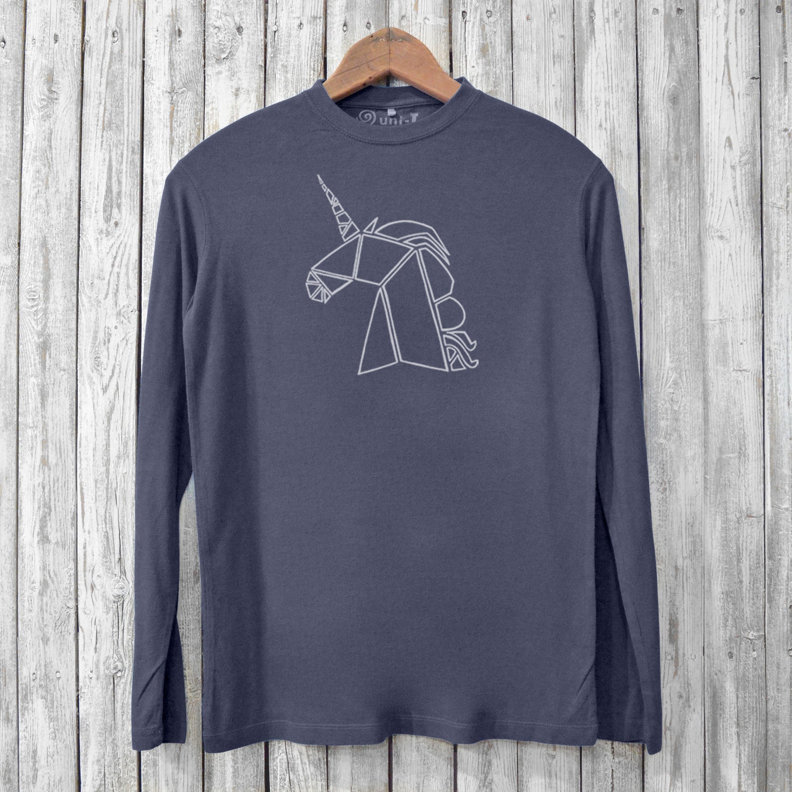 Eco-friendly Unicorn Long Sleeve Tee - Men's in charcoal gray, crafted from bamboo and organic cotton with a geometric unicorn print.