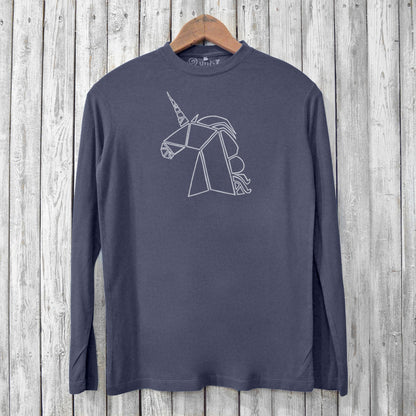 Eco-friendly Unicorn Long Sleeve Tee - Men's in charcoal gray, crafted from bamboo and organic cotton with a geometric unicorn print.