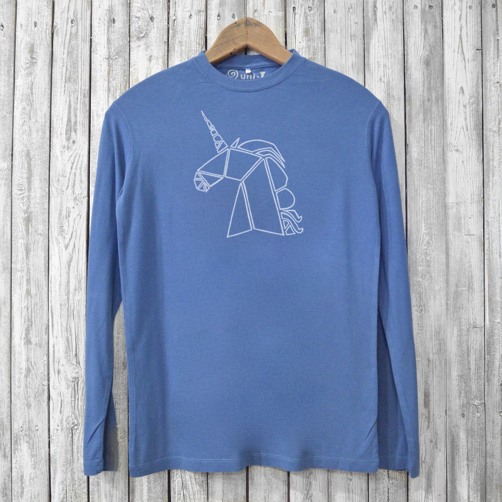 Men's Unicorn Long Sleeve Tee in denim blue, featuring a sleek unicorn line art on soft bamboo and organic cotton fabric. Sustainable and artistic.
