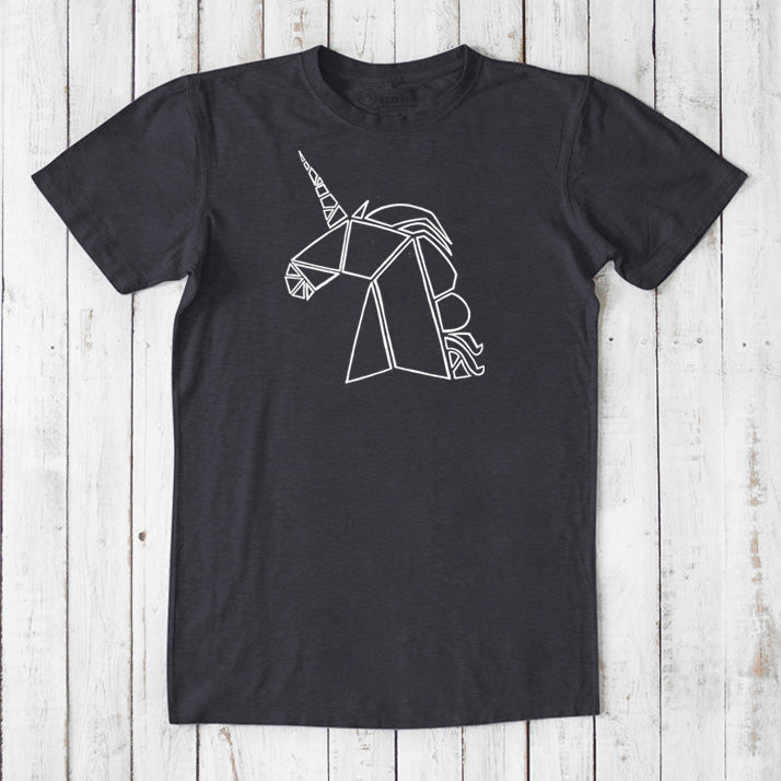 Men's Unicorn T-Shirt in bamboo and organic cotton, black color with geometric unicorn graphic, classic fit fantasy gift tee for him.