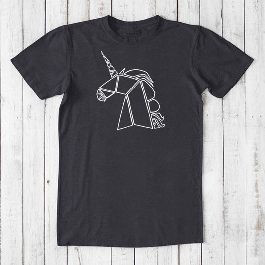 Men's Unicorn T-Shirt in bamboo and organic cotton, black color with geometric unicorn graphic, classic fit fantasy gift tee for him.