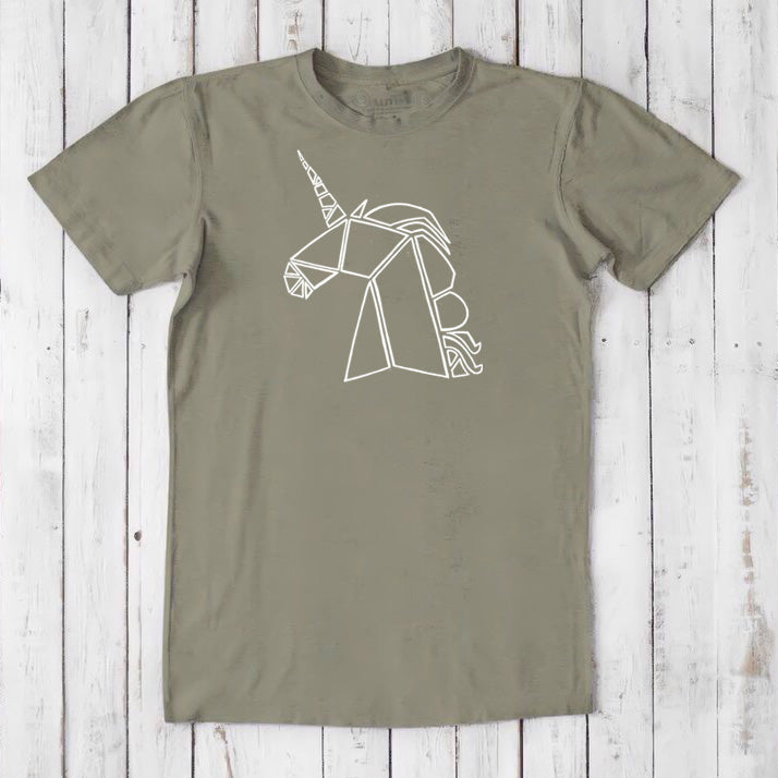 Khaki-green Men's Unicorn T-Shirt made from bamboo and organic cotton, featuring a white line-art mythical unicorn design, ideal fantasy gift.