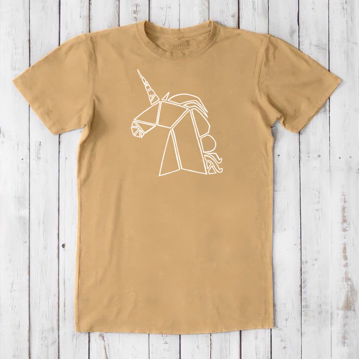 Mustard-yellow Men's Unicorn T-Shirt in soft bamboo and organic cotton with a bold geometric unicorn print, perfect for fantasy lovers.