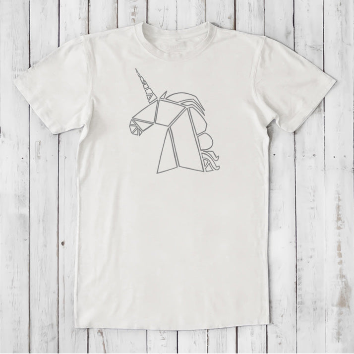 Ivory Men's Unicorn T-Shirt crafted from bamboo and organic cotton, showcasing a minimalist unicorn line graphic, eco-friendly fantasy apparel.