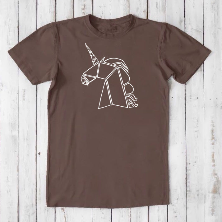 Dark brown Men's Unicorn T-Shirt in bamboo and organic cotton blend, featuring a white outlined unicorn graphic, sustainable gift for him.
