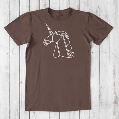 Dark brown Men's Unicorn T-Shirt in bamboo and organic cotton blend, featuring a white outlined unicorn graphic, sustainable gift for him.