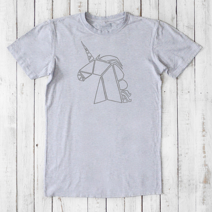 Gray Men's Unicorn T-Shirt made from bamboo and organic cotton, with a subtle unicorn line drawing, classic fit fantasy-themed top.