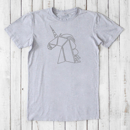 Gray Men's Unicorn T-Shirt made from bamboo and organic cotton, with a subtle unicorn line drawing, classic fit fantasy-themed top.