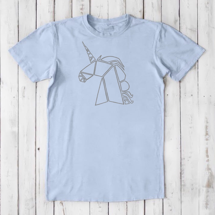 Light blue Men's Unicorn T-Shirt in bamboo and organic cotton, featuring a soft geometric unicorn print, eco-conscious gift for fantasy fans.