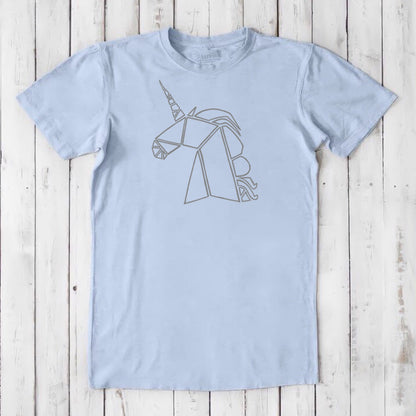 Light blue Men's Unicorn T-Shirt in bamboo and organic cotton, featuring a soft geometric unicorn print, eco-conscious gift for fantasy fans.