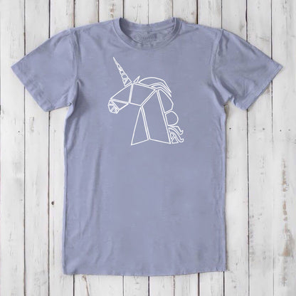 Slate blue Men's Unicorn T-Shirt crafted from bamboo and organic cotton, with a bold white unicorn graphic, ideal for mythical creature lovers.