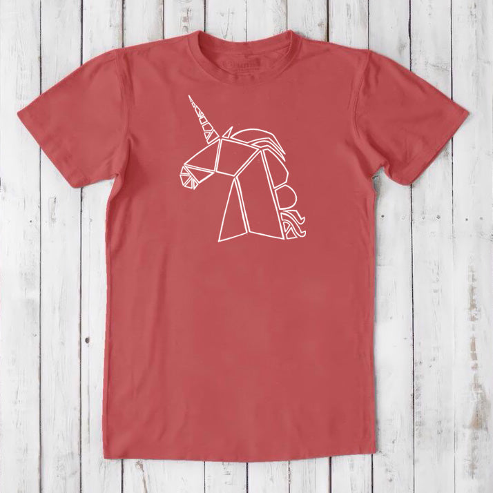 Red clay Men's Unicorn T-Shirt in bamboo and organic cotton, featuring a white geometric unicorn design, perfect fantasy-themed gift for men.