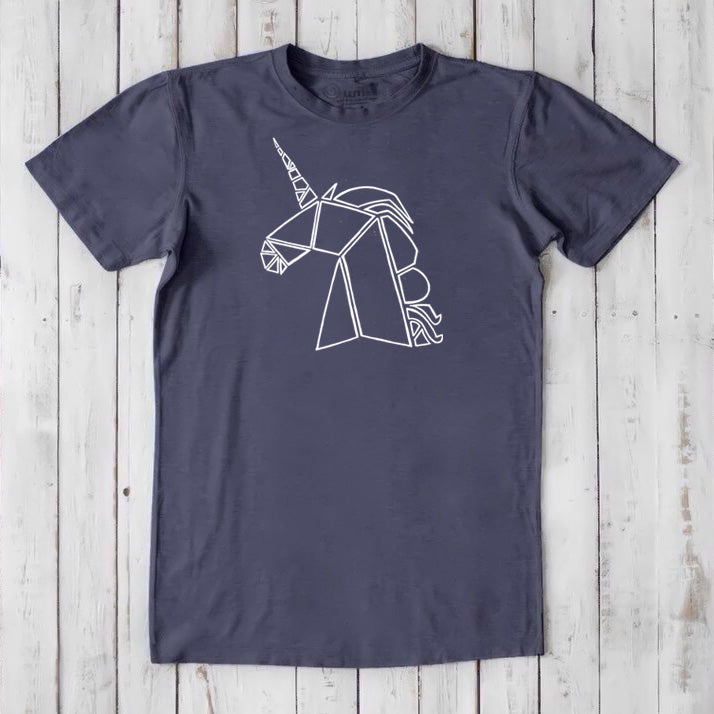 Navy Men's Unicorn T-Shirt made from bamboo and organic cotton, showcasing a white line-art unicorn, sustainable and stylish fantasy tee.