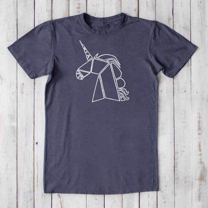 Navy Men's Unicorn T-Shirt made from bamboo and organic cotton, showcasing a white line-art unicorn, sustainable and stylish fantasy tee.