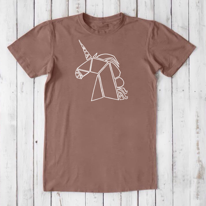 Light brown Men's Unicorn T-Shirt in bamboo and organic cotton, with a white outlined unicorn graphic, eco-friendly fantasy apparel for men.