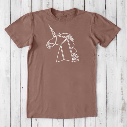 Light brown Men's Unicorn T-Shirt in bamboo and organic cotton, with a white outlined unicorn graphic, eco-friendly fantasy apparel for men.