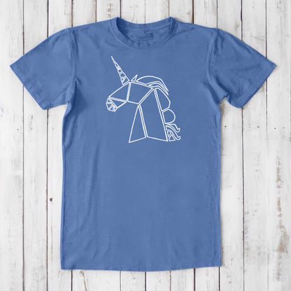Ocean blue Men's Unicorn T-Shirt in bamboo and organic cotton, showcasing a white line-art unicorn, perfect fantasy gift for him.