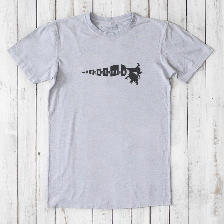 Men's Vegetarian T-Shirt in bamboo and organic cotton, light gray color with black 'Plant Power' carrot graphic, classic fit eco tee.