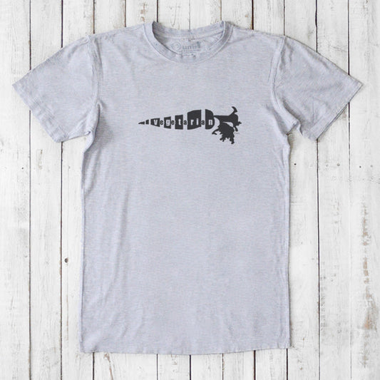 Men's Vegetarian T-Shirt in bamboo and organic cotton, light gray color with black 'Plant Power' carrot graphic, classic fit eco tee.