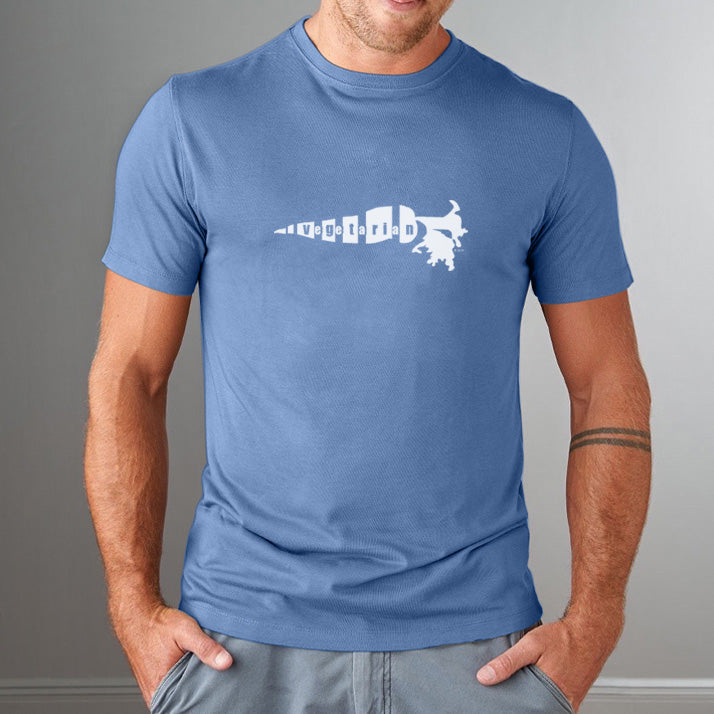 Blue bamboo and organic cotton men's vegetarian T-shirt with white 'Plant Power' carrot graphic, breathable classic fit for plant-based lifestyle.