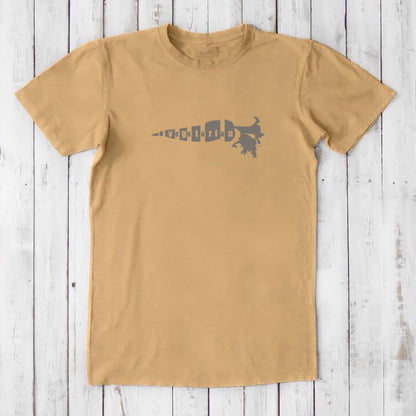 Mustard yellow men's vegetarian T-shirt made from bamboo and organic cotton, features gray carrot 'Plant Power' graphic, sustainable fashion gift.