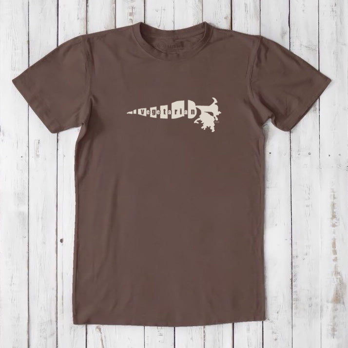 Brown men's bamboo and organic cotton vegetarian T-shirt with cream 'Plant Power' carrot graphic, eco-conscious classic fit top for him.