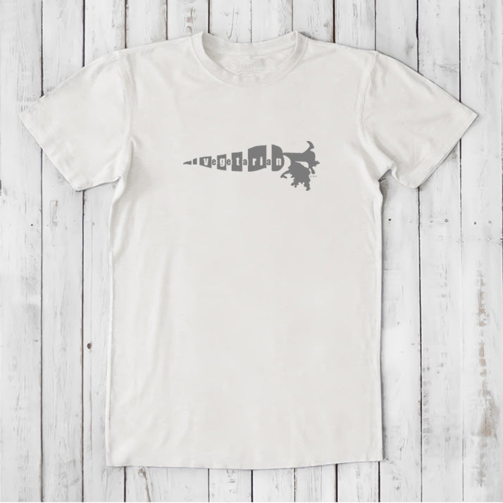 White men's vegetarian T-shirt in bamboo and organic cotton with gray 'Plant Power' carrot graphic, soft and sustainable classic fit tee.