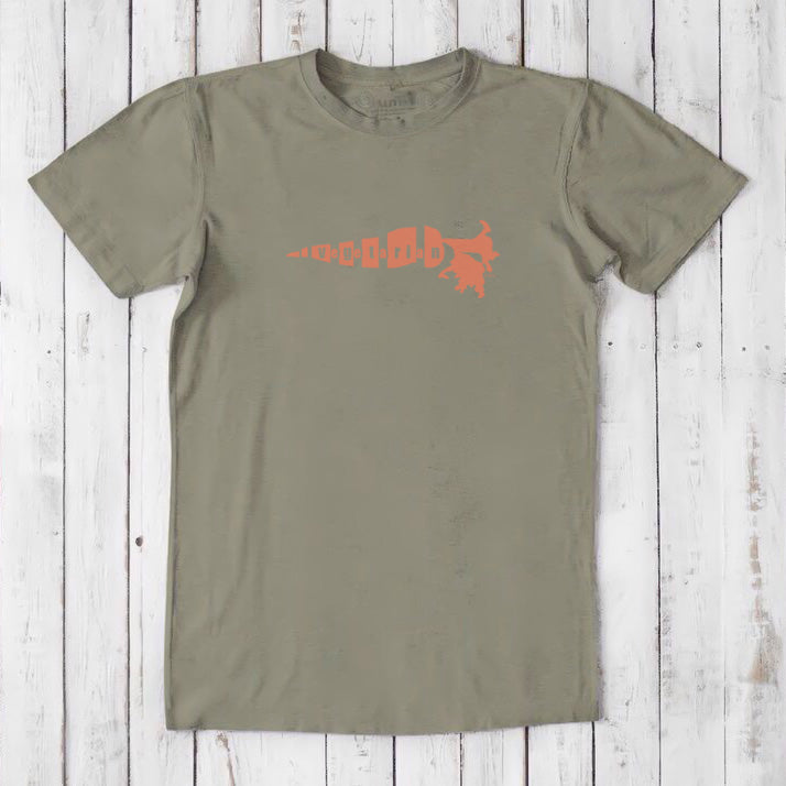 Olive green men's vegetarian T-shirt in bamboo and organic cotton with coral 'Plant Power' carrot graphic, sustainable and stylish classic fit.