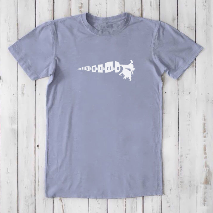 Slate blue men's vegetarian T-shirt made from bamboo and organic cotton, features white 'Plant Power' carrot graphic, soft and sustainable fit.